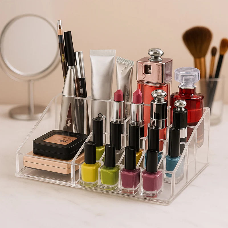 16 Compartment Cosmetic Makeup Jewellery Lipstick Storage Organiser Box, Cosmetic Storage Box Make-up Lipstick Organizer / Lipstick Holder Case Transparent